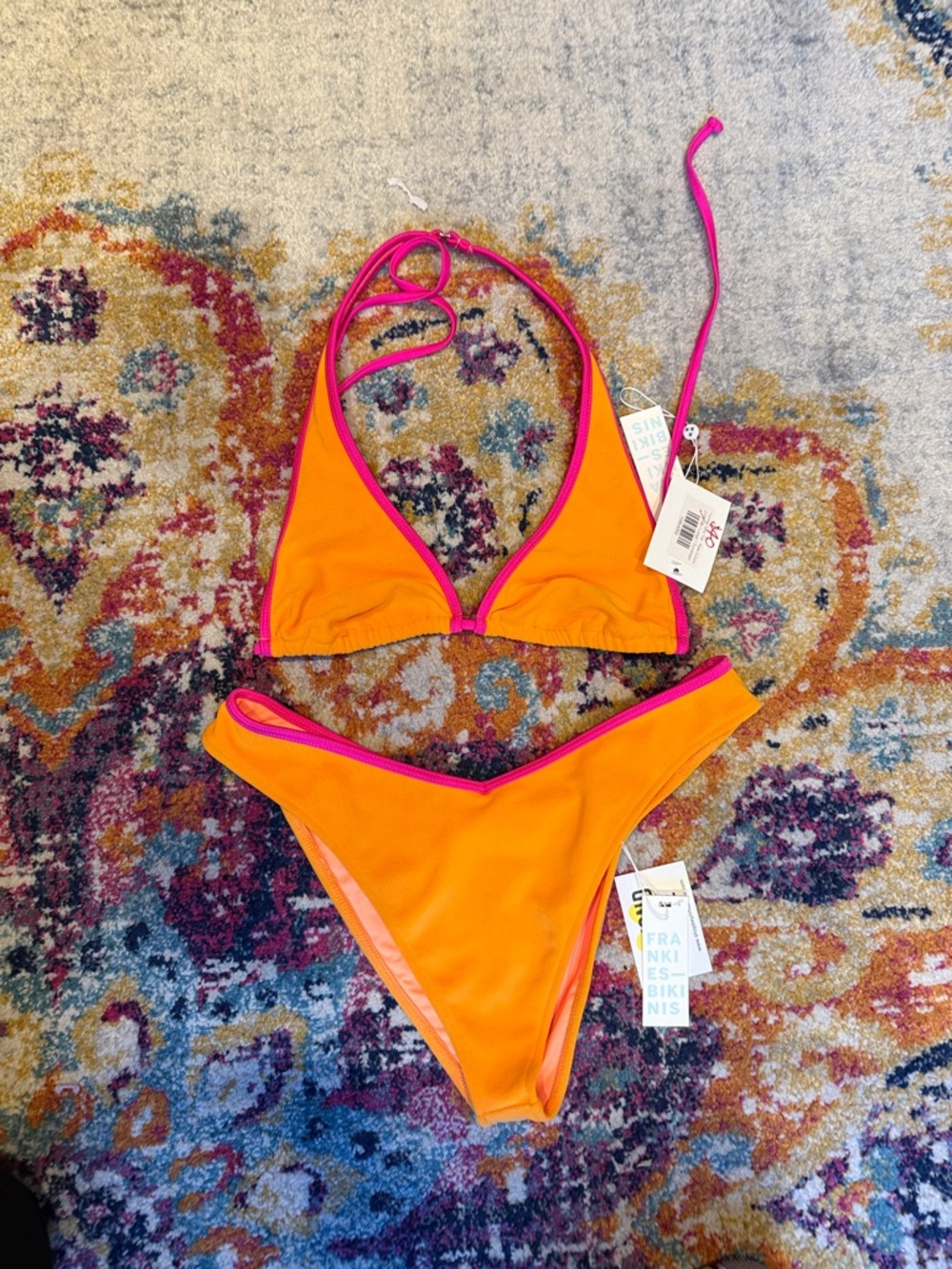 Frankie’s Bikinis Neon Orange Bikini with Hot Pink Trim